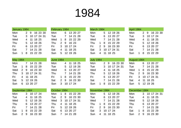 Calendario Dell Anno 1984 Lingua Inglese — Vettoriale Stock