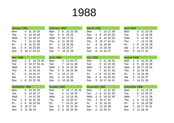 Calendario Del Año 1988 Lengua Inglesa — Vector de stock