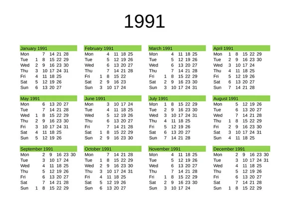 1991 Naptári Angol Nyelven — Stock Vector