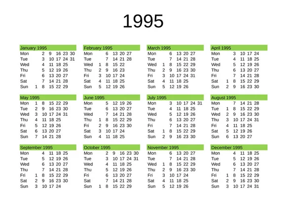 Kalender 1995 Engelska — Stock vektor