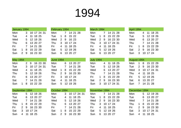 Kalender 1994 Engelska — Stock vektor