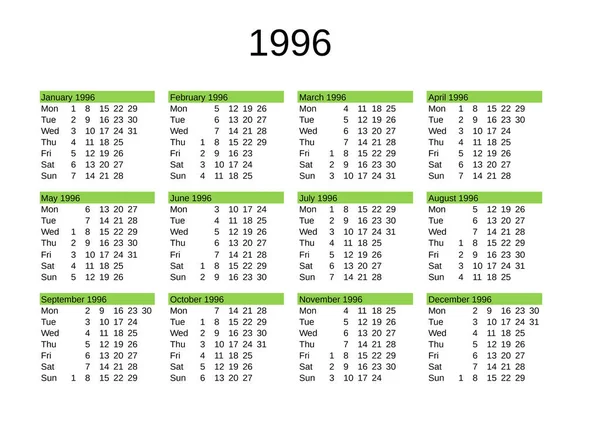 Kalender 1996 Engelska — Stock vektor