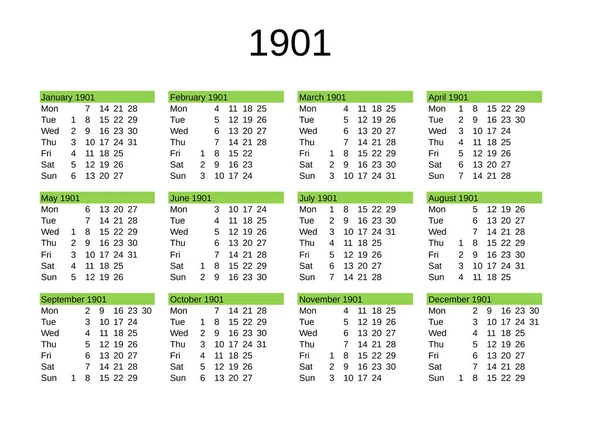 Kalender Från 1901 Engelska — Stock vektor