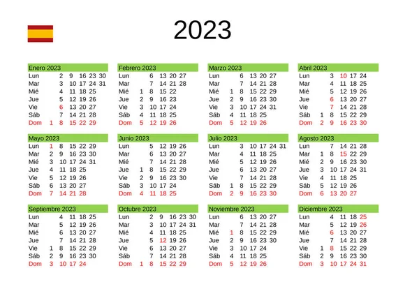 Calendario Del Año 2023 Lengua Española Con Días Festivos España — Vector de stock