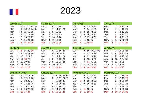 Jahreskalender 2023 Französischer Sprache Mit Französischen Feiertagen — Stockvektor