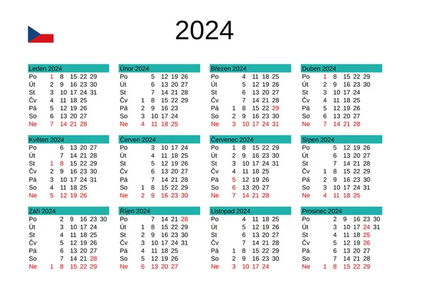 Kalendarz Roku 2024 Języku Czeskim Czeskimi Świętami Państwowymi — Wektor stockowy