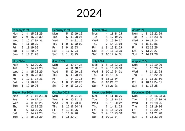 Календарь 2024 Года Английском Языке — стоковый вектор