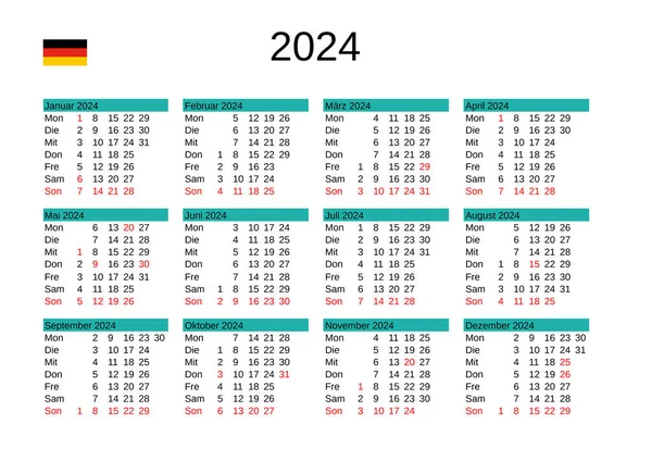 Kalendarz Roku 2024 Języku Niemieckim Niemcami Dni Ustawowo Wolne — Wektor stockowy