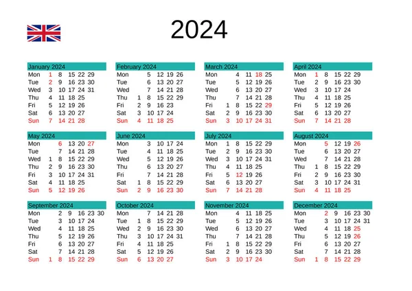 Jahreskalender 2024 Englischer Sprache Mit Feiertagen Großbritannien — Stockvektor