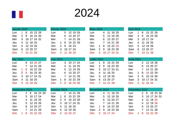 Calendrier Année 2024 Langue Française Avec Jours Fériés — Image vectorielle
