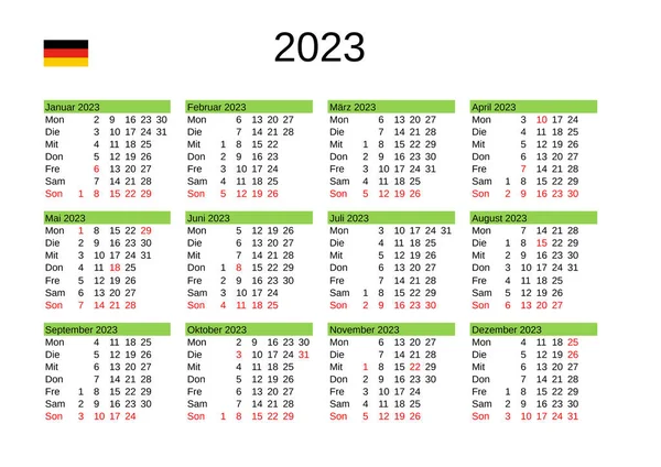 Kalendarz Roku 2023 Języku Niemieckim Niemcami Dni Ustawowo Wolne — Wektor stockowy