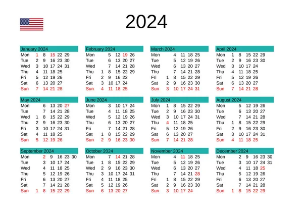 Calendário Ano 2024 Língua Inglesa Com Feriados Dos Estados Unidos — Fotografia de Stock