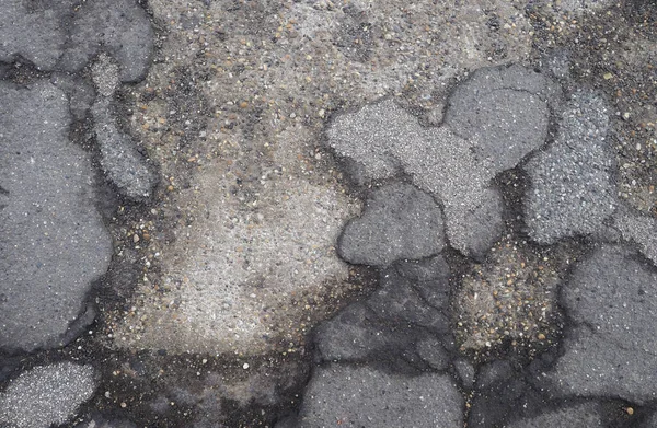 Asphalt Damage Derelict Pavement Floor Showing Underlying Concrete Slab Useful — Stock Photo, Image