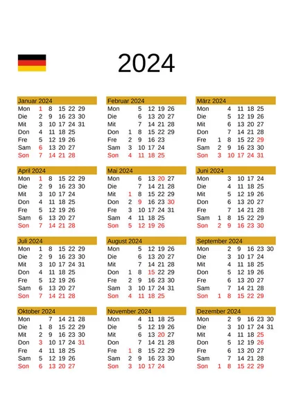 Jahreskalender 2024 Deutscher Sprache Mit Deutschen Feiertagen — Stockvektor