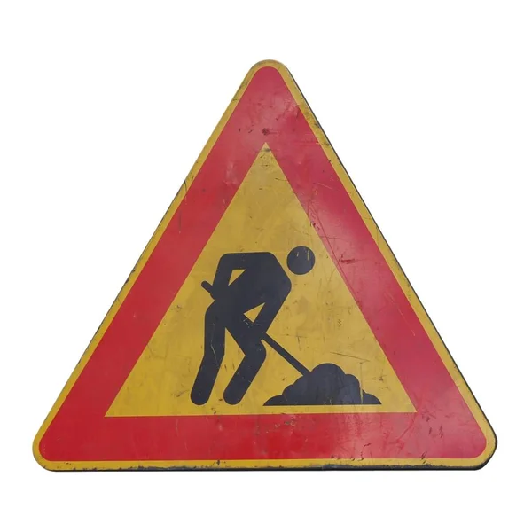 警告标志 道路工程交通标志及在白色背景上分隔的复制空间 — 图库照片