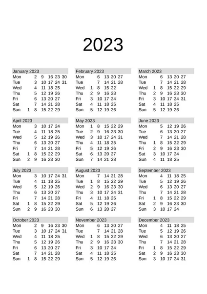 Jahreskalender 2023 Englischer Sprache — Stockvektor