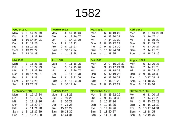 1582 달력은 독일어로 일을건너뛰어 율리우스력에서 그레고리력으로 바뀌었음을 보여준다 — 스톡 벡터
