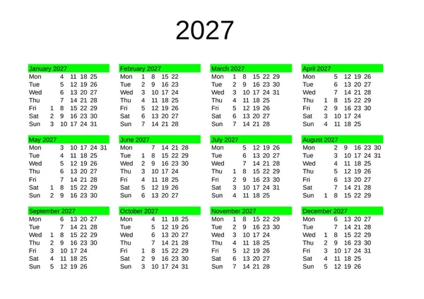 Calendário Ano 2027 Língua Inglesa —  Vetores de Stock