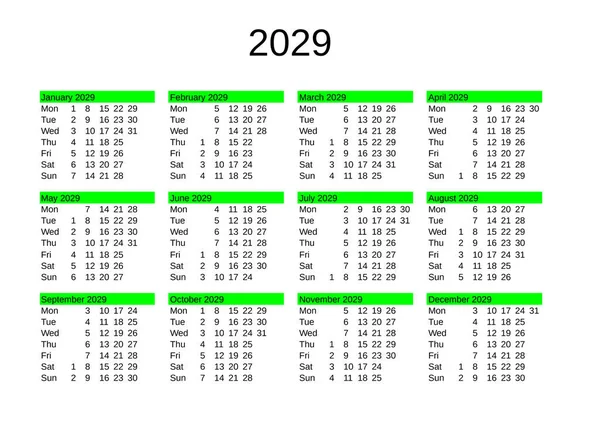 Naptára 2029 Angol Nyelven — Stock Vector