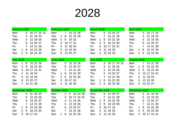 2028 Yılı Takvimi Ngilizce — Stok Vektör