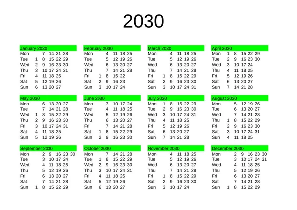 Kalendarz Roku 2030 Języku Angielskim — Wektor stockowy