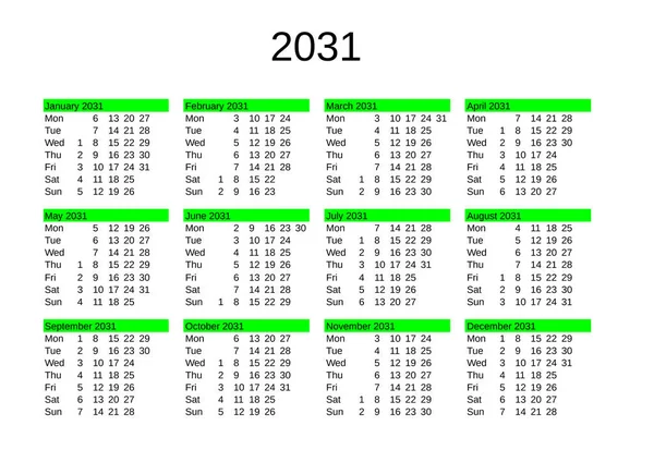 Календар 2031 Року Англійською Мовою — стоковий вектор