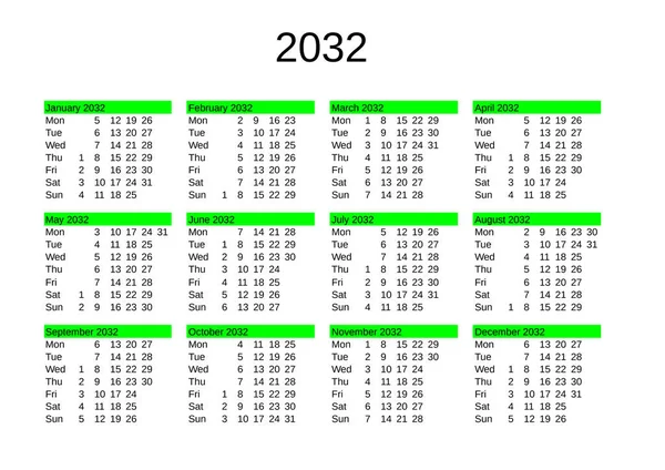 2032 Yılının Takvimi Ngilizce — Stok Vektör