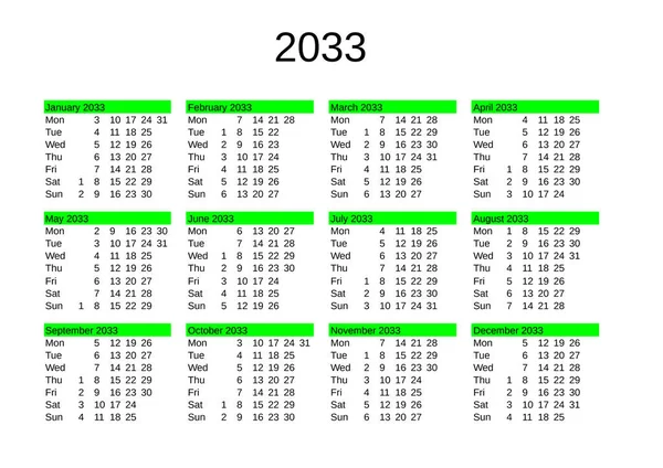 2033 Yılının Takvimi Ngilizce — Stok Vektör