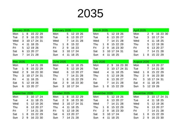 Kalender 2035 Engelska — Stock vektor