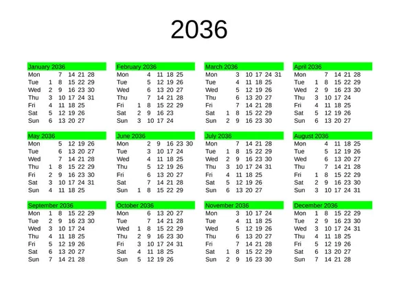 Naptára 2036 Angol Nyelven — Stock Vector