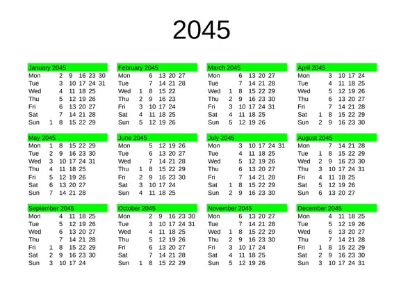 Naptára 2045 Angol Nyelven — Stock Vector