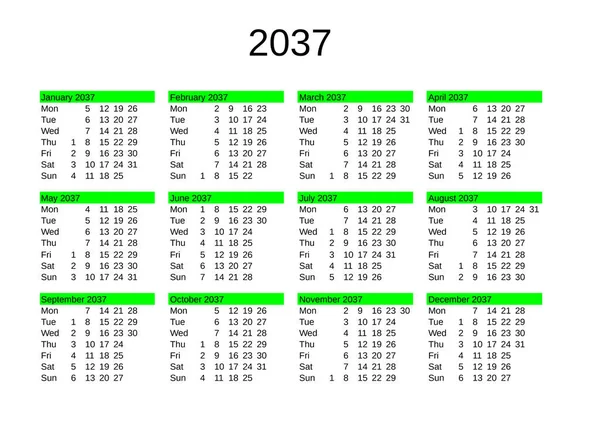 2037 Yılı Takvimi Ngilizce — Stok Vektör