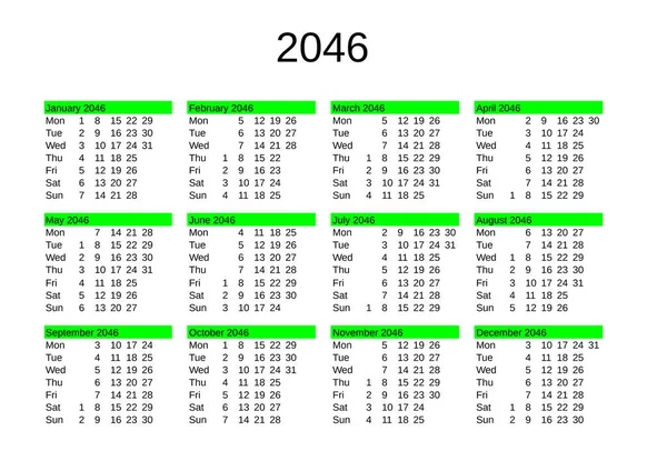 Calendario Dell Anno 2046 Lingua Inglese — Vettoriale Stock