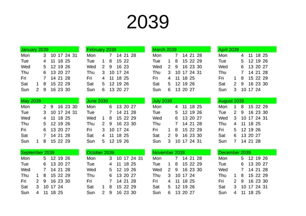 Naptára 2039 Angol Nyelven — Stock Vector