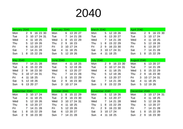 Calendario Del Año 2040 Inglés — Archivo Imágenes Vectoriales