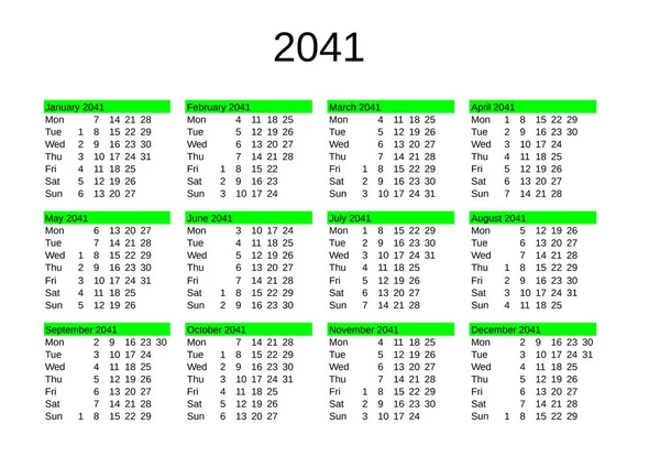 Jahreskalender 2041 Auf Englisch — Stockvektor