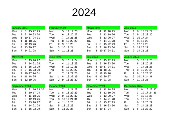 Kalendarz Roku 2024 Języku Angielskim — Wektor stockowy