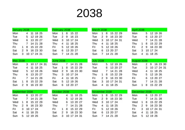 Naptára 2038 Angol Nyelven — Stock Vector