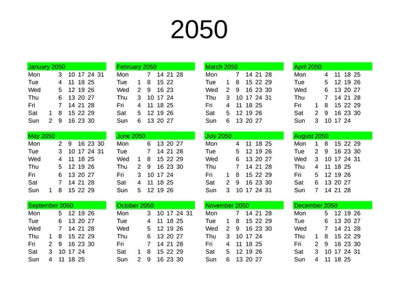 カレンダー2050年の英語版 — ストックベクタ
