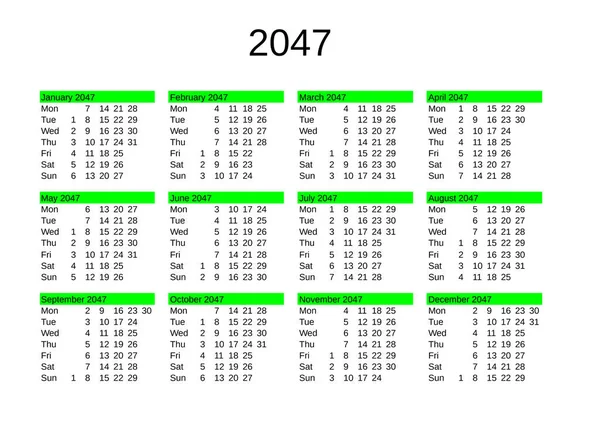 Naptára 2047 Angol Nyelven — Stock Vector