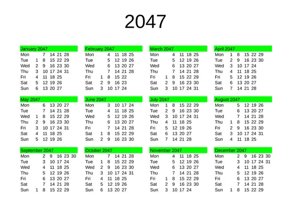 Календар Року 2047 Англійською — стоковий вектор