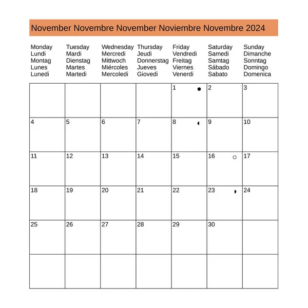Mehrsprachiger Kalender November 2024 Englisch Französisch Deutsch Spanisch Italienisch — Stockvektor
