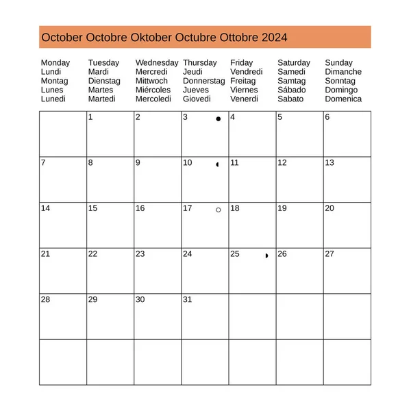 Multilingual Calendar October 2024 English French German Spanish Italian — Stock Vector