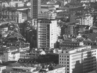 İtalya 'nın Torino kentinin hava manzarası Piazza Castello meydanı siyah beyaz