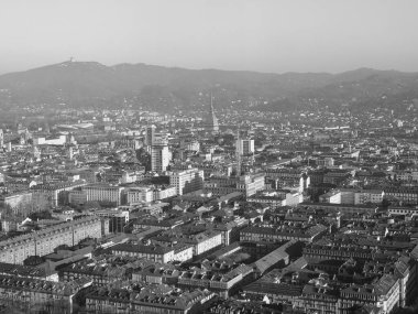 İtalya 'nın Torino kentinin hava manzarası. Piazza Castello meydanı siyah beyaz.