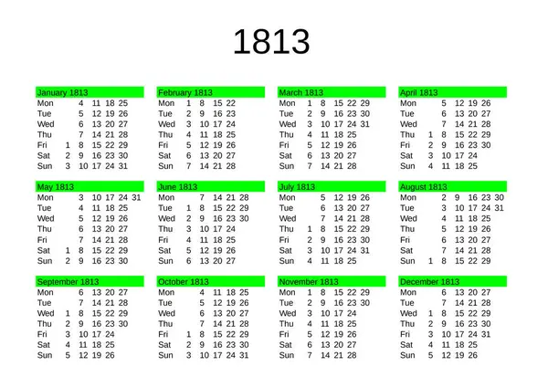 Jahreskalender 1813 Englischer Sprache — Stockvektor
