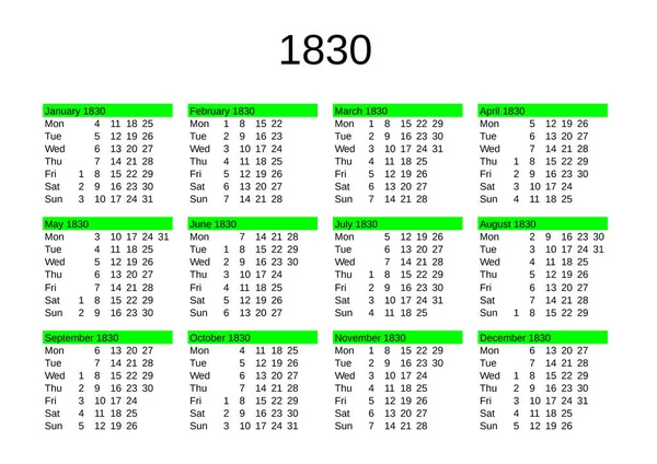 Ημερολόγιο Του Έτους 1830 Στην Αγγλική Γλώσσα — Διανυσματικό Αρχείο
