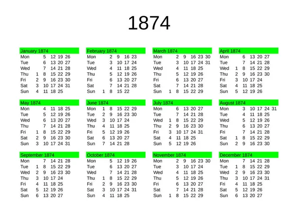 Календар Року 1874 Року Англійською Мовою — стоковий вектор