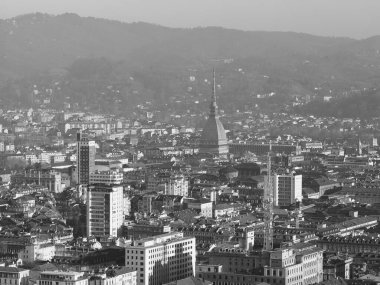 İtalya 'nın Torino kentinin hava manzarası. Piazza Castello meydanı siyah beyaz.