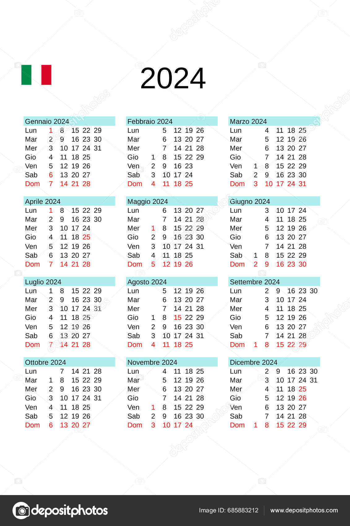 Calendar Year 2025 Italian Language Italy Public Holidays Stock Vector